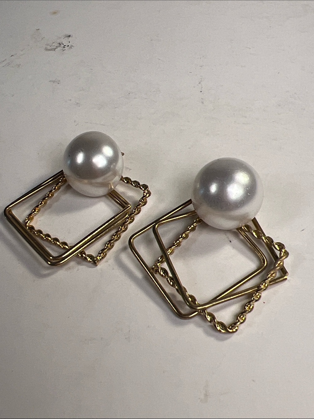 Gold-Tone Geometric Pearl Drop Earrings - White Pearl Accent